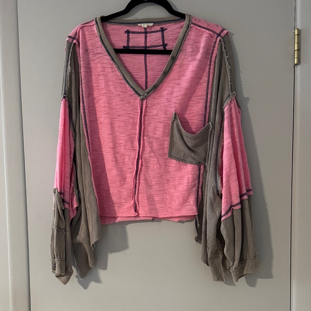 POL Pink and Gray V-Neck Sweatshirt